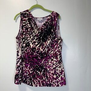 Tahari Arthur S Levine Purple Abstract Cowl Neck Sleeveless Blouse XL Office